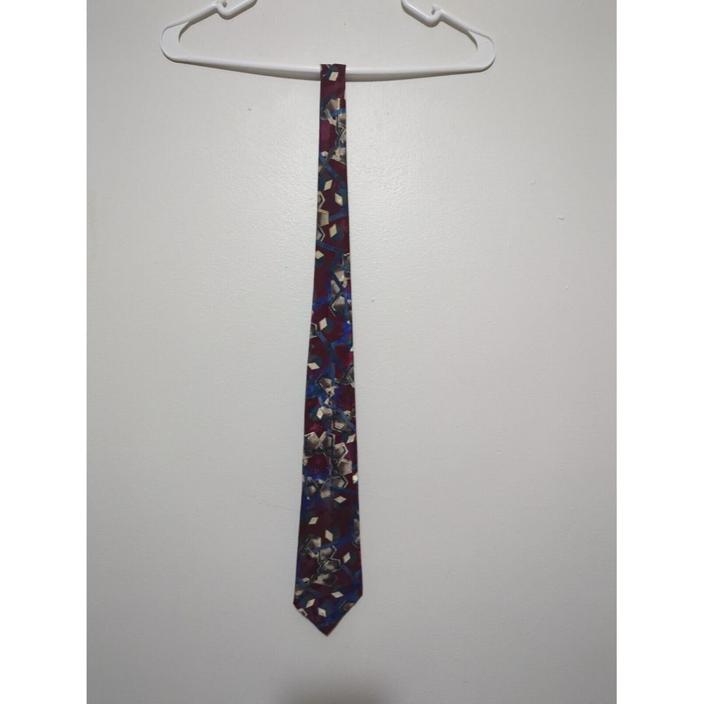 Haggar Mens Geometric Abstract  Necktie Burgundy Blue Made in‎ USA Vintage Style